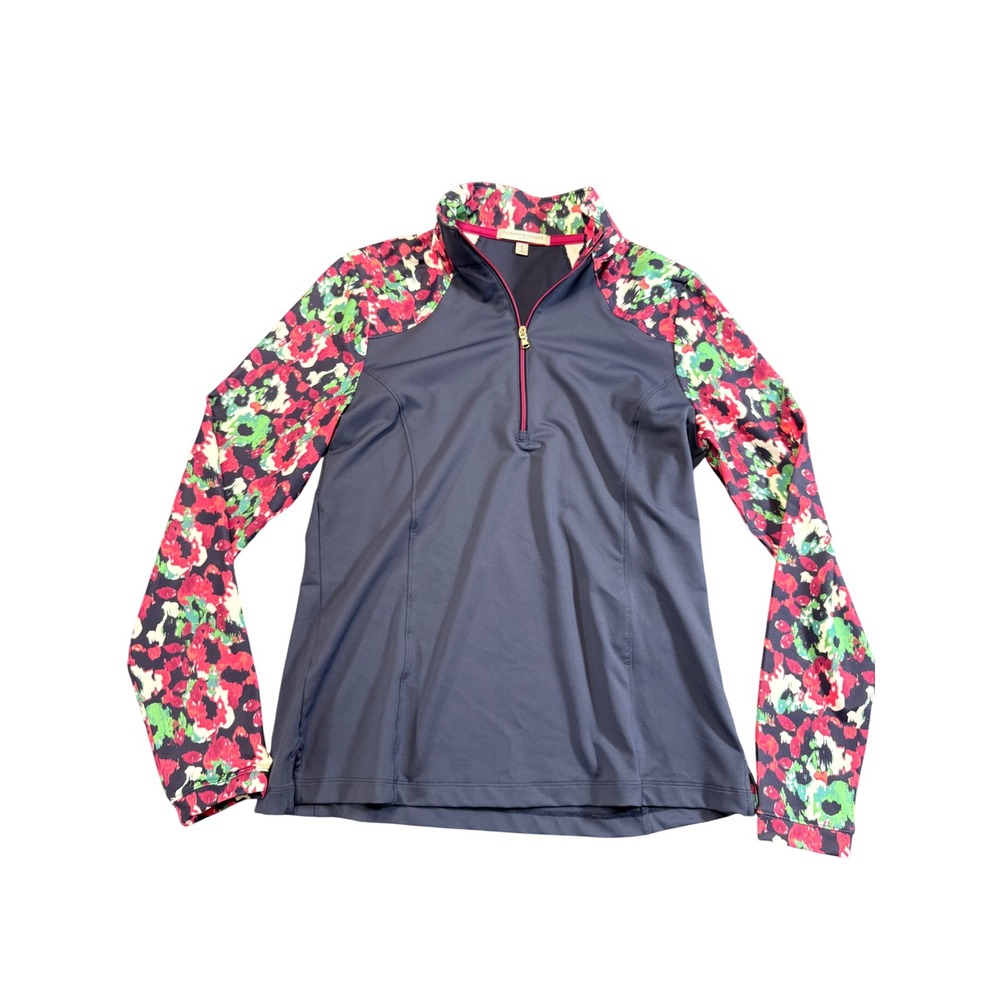 Fairway & Greene Floral Quarter Zip Pullover Size M Navy Blue EUC